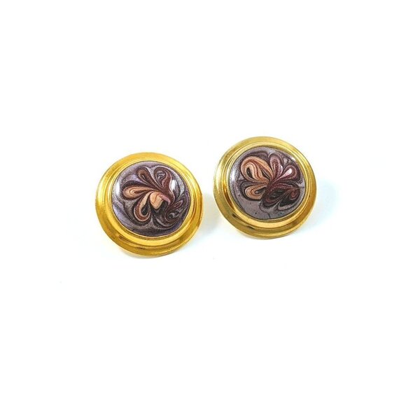 Vintage Round Domed Gold Tone Enamel Purple Swirls Earrings - Picture 1 of 7